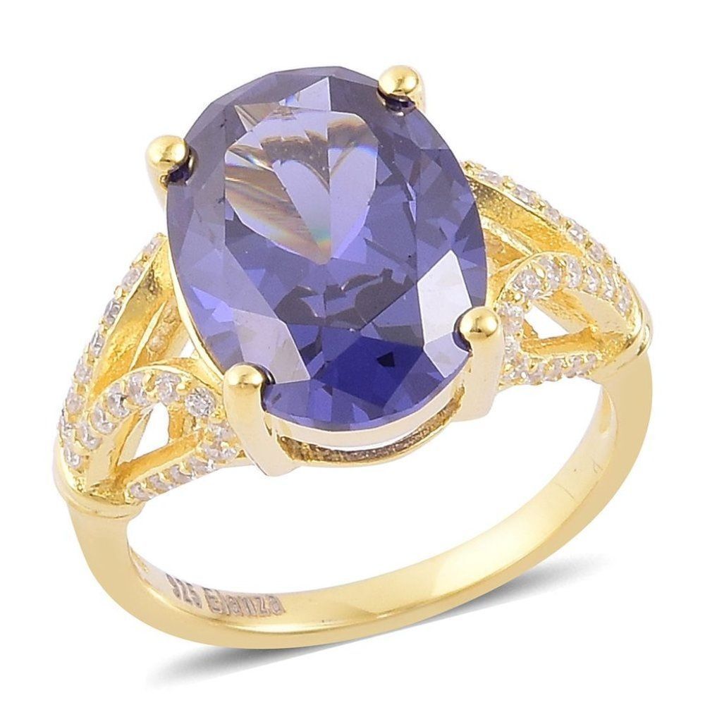 ELANZA Simulated Blue and White Diamond 14K YG Over Sterling Silver Ring Size 9